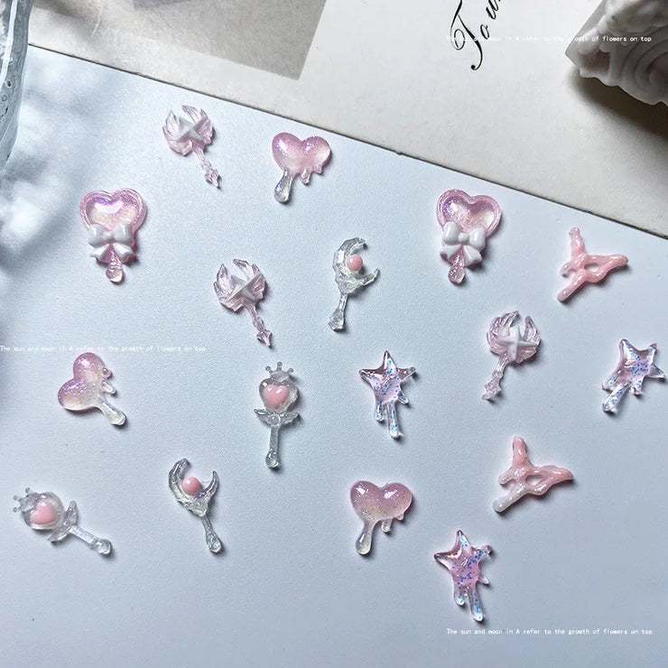 50pcs 3D Resin Nail Charms - Pink Glow Love Bow Knot Scepter